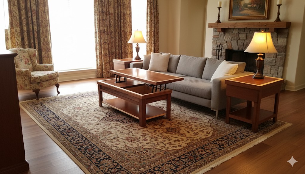 Custom wood coffee table with lift-top storage and matching end tables in living room