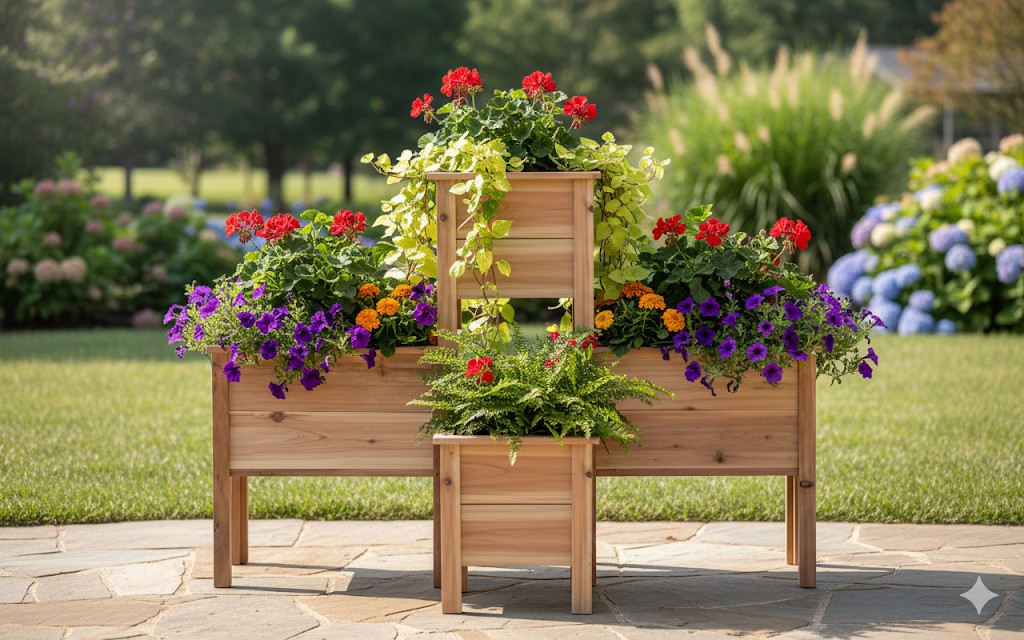 Tiered wooden planter arrangement with multiple levels