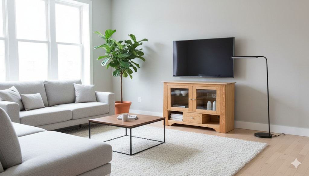 Oak entertainment center with glass doors and center drawer
