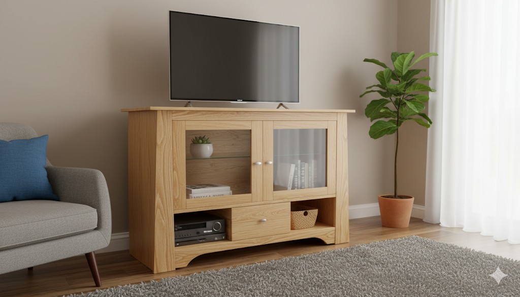 Front view of light wood TV stand with open storage