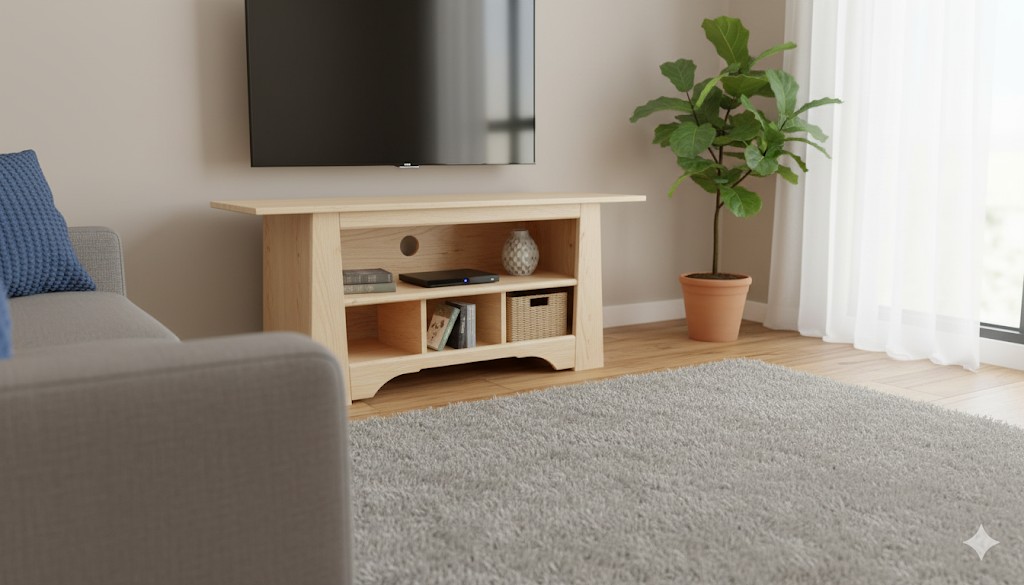 Light wood entertainment center with multiple storage compartments